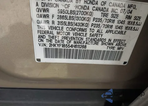 2004 Honda Pilot Ex-L из США, поврежденный, VIN 2HKYF18554H611268